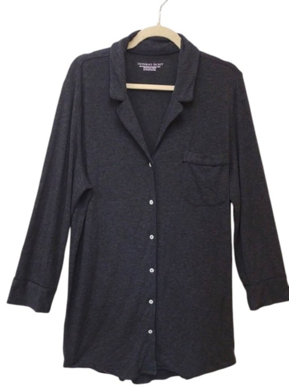 VS So Soft Charcoal Gray Button-Up LS Stretch Pocket Sleep Lounge Night Shirt